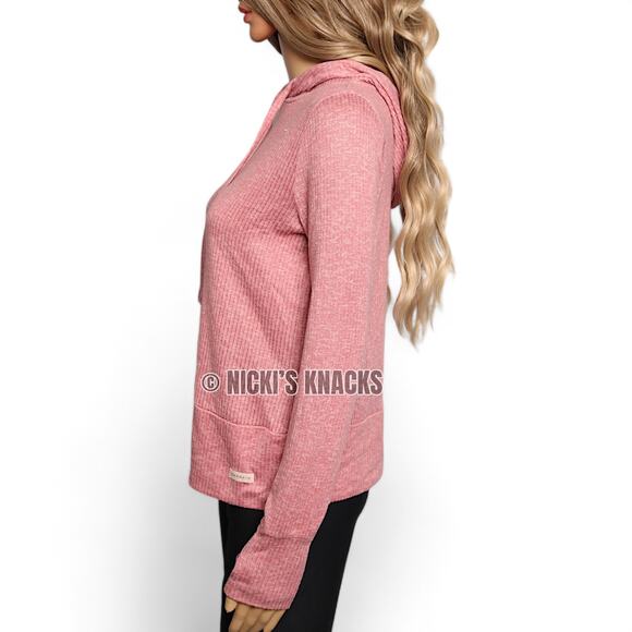 Danskin Ribbed Knit Hoodie Thumbhole Long Sleeve Pullover Pink Size M - Picture 4 of 9
